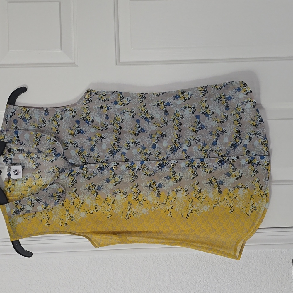 CAbi Yellow and Gray Floral Sleeveless Blouse Sz Sm - Picture 2 of 5
